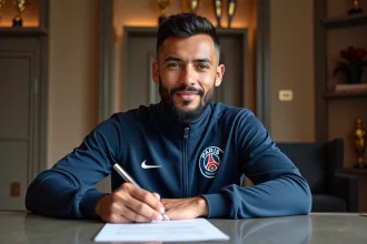 Footballeur confiant signant un contrat PSG dans un bureau élégant