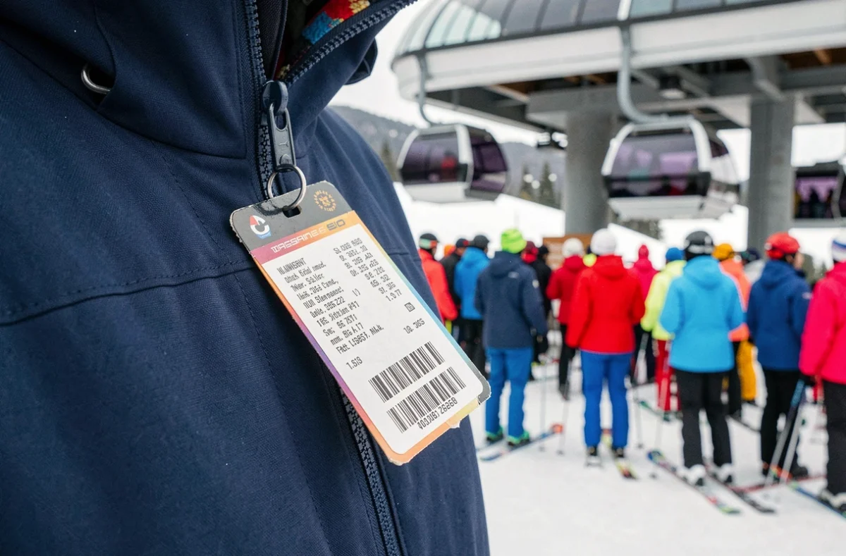 Forfait de ski accroché à une veste au pied des remontées mécaniques des Sept Laux au printemps