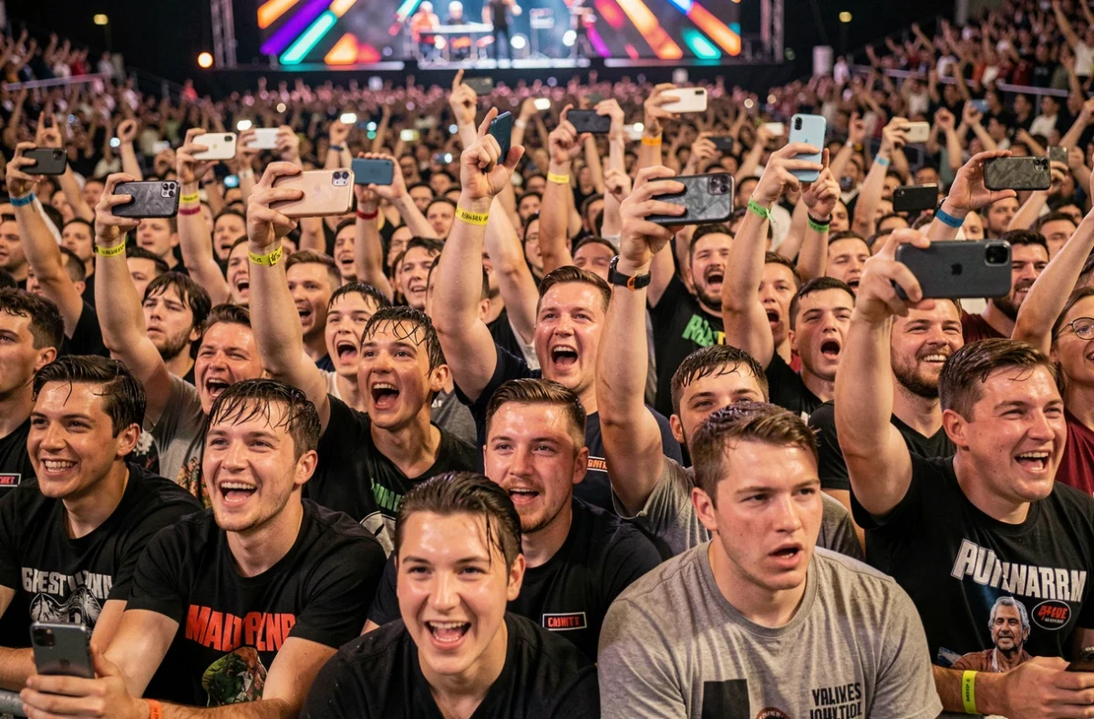 Fosse d'un grand concert au Stade de France avec des spectateurs debout en nombre, bras levés et smartphones allumés