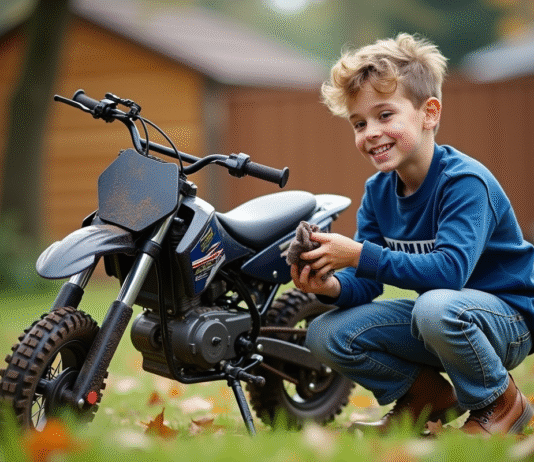 Moto enfant Yamaha : l’art d’entretenir la Piwi de votre enfant Garçon souriant nettoyant sa moto Yamaha Piwi