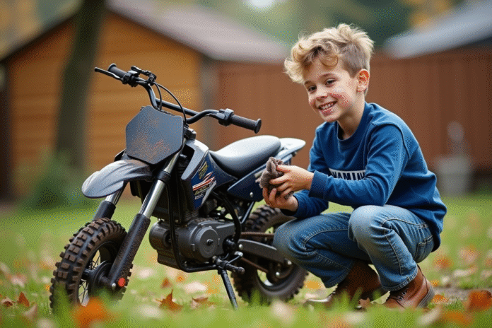 Garçon souriant nettoyant sa moto Yamaha Piwi