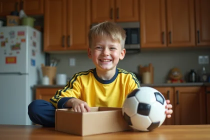 Garçon de 11 ans souriant en déballant un ballon de football
