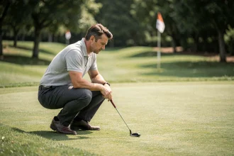 Golfeur accroupi sur le green lisant la pente avant de putter, stratégie au putting green