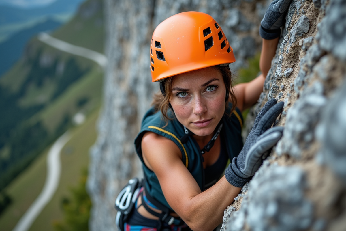Femme grimpeuse en extérieur sur un rocher de calcaire