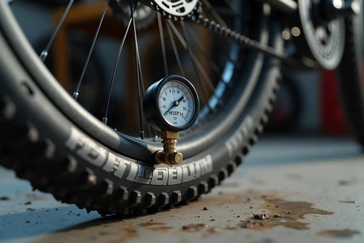 Gros plan sur la valve et le manomètre d'un pneu large de VTT électrique dans un atelier