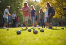 Groupe d'amis jouant à la pétanque en plein soleil