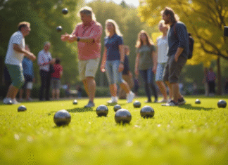 Groupe d'amis jouant à la pétanque en plein soleil