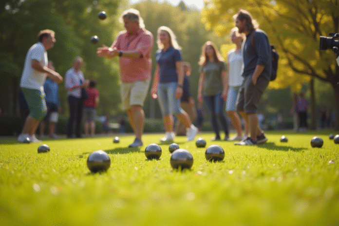 Groupe d'amis jouant à la pétanque en plein soleil