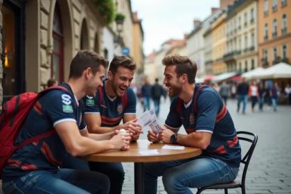 Groupe d'amis souriants avec billets de rugby en ville