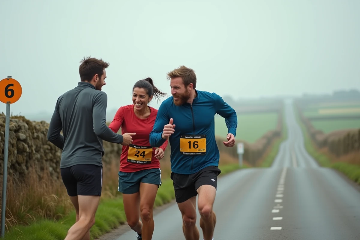 Groupe de coureurs en route pour valider leur allure marathon lors d'une sortie longue en campagne
