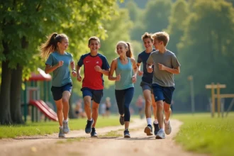 Groupe de jeunes sportifs courant dans un parc en plein air