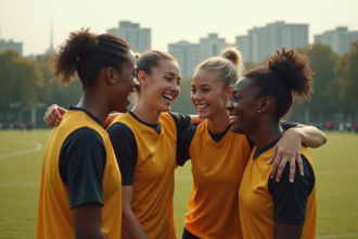 Jeunes adultes souriants en équipe sportive en extérieur