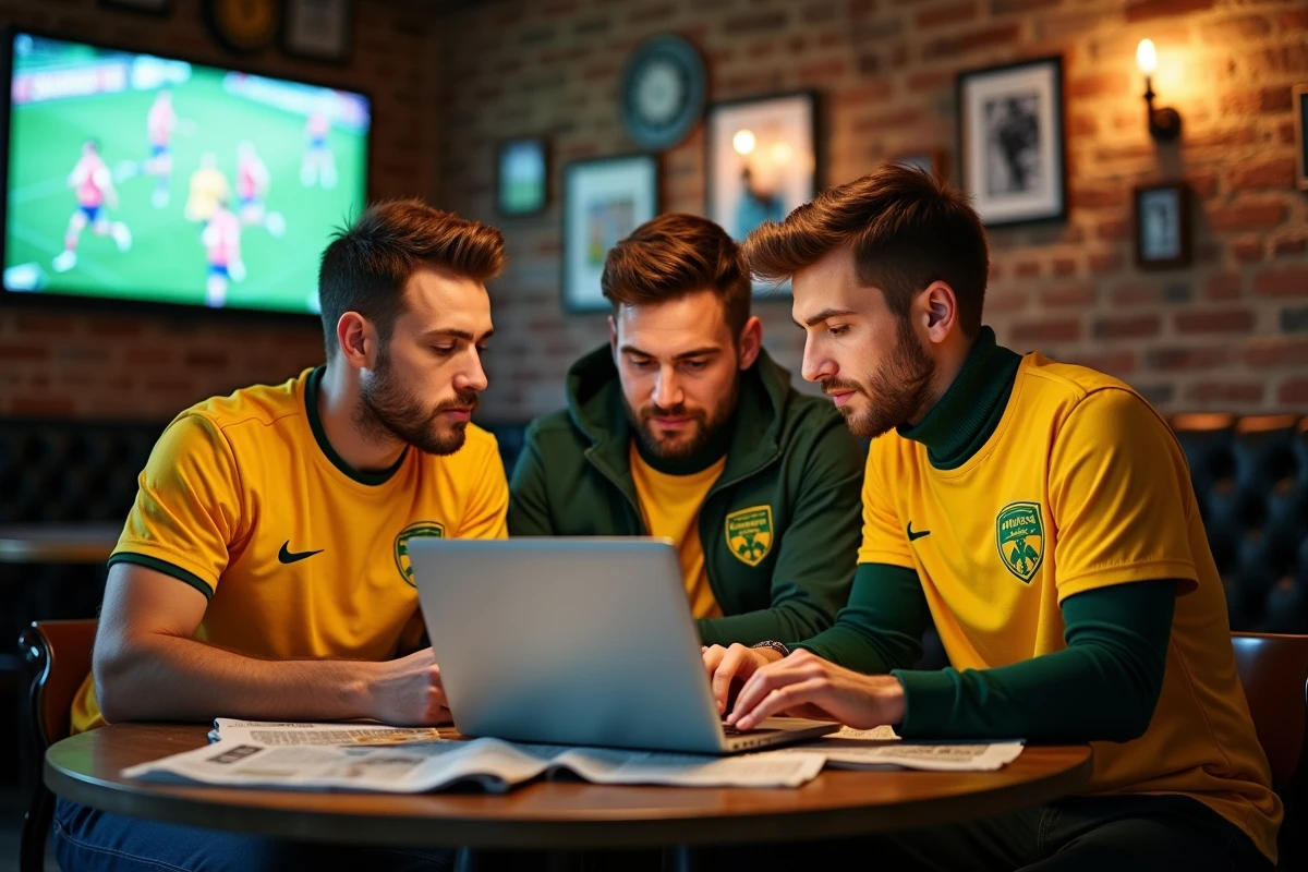 Groupe de supporters du FC Nantes suivant l'actualité du club dans un bar sportif