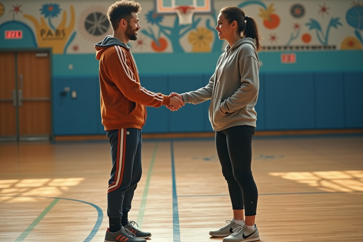 Homme et femme se serrant la main dans une salle de sport