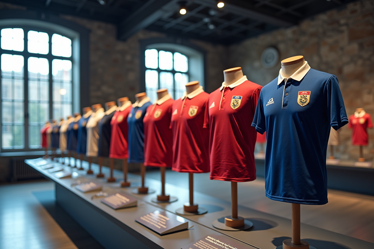 Exposition de maillots historiques du XV de France dans un musée