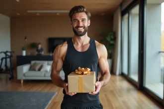 Homme sportif souriant avec un cadeau dans un salon moderne