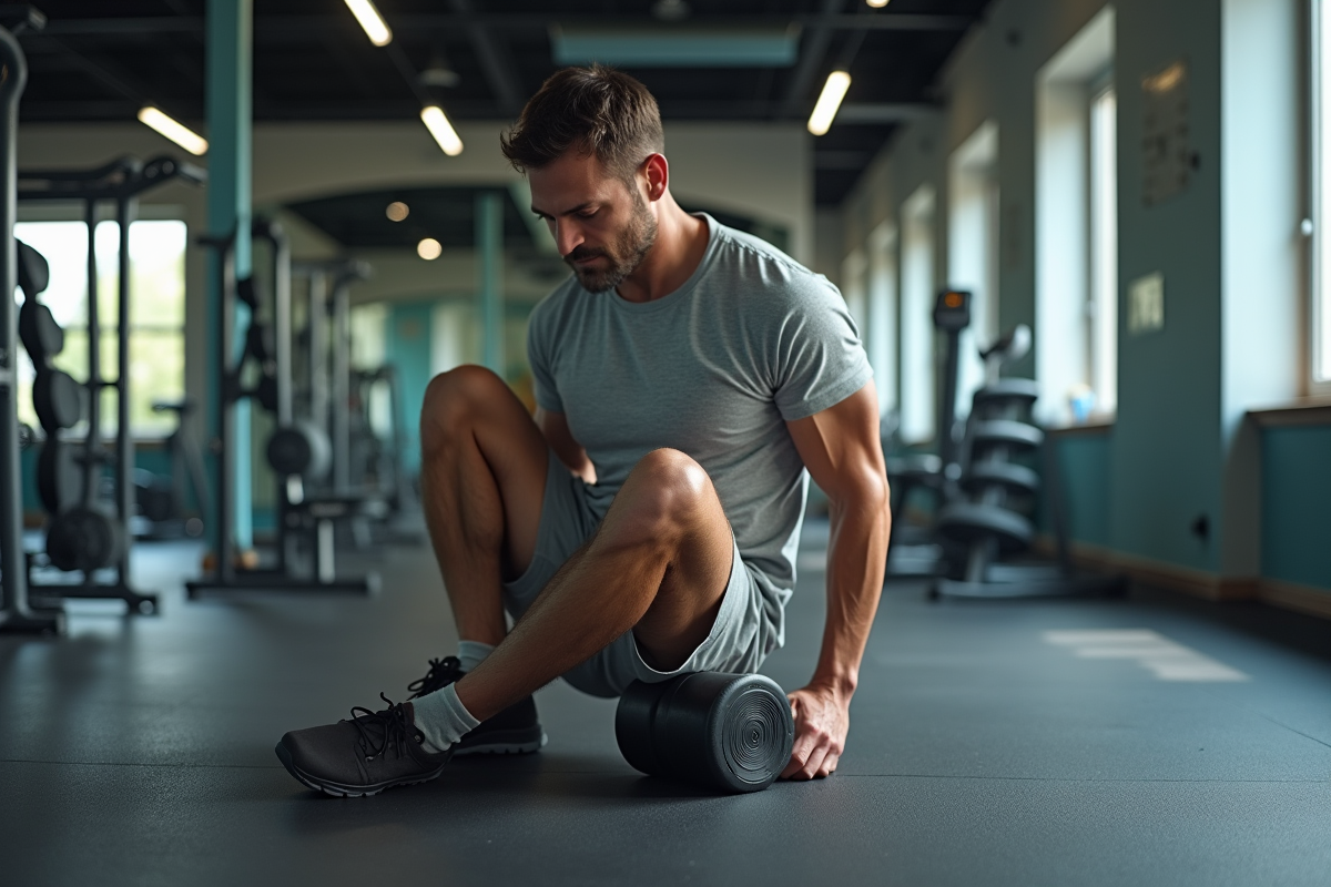 Homme en tenue décontractée se massant le dos dans une salle de sport