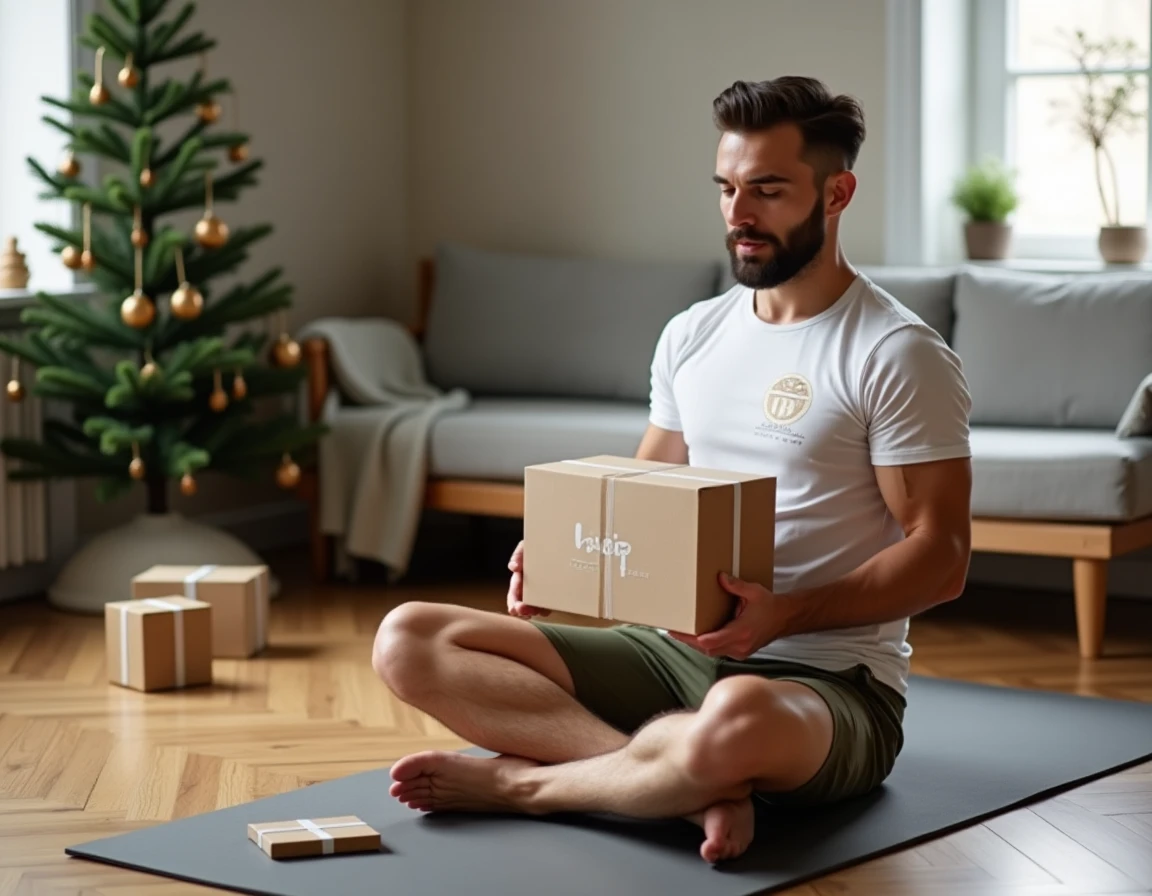 Homme barbu découvrant son calendrier de l'Avent fitness dans un salon décoré pour Noël avec rouleau de massage et cadeaux sportifs