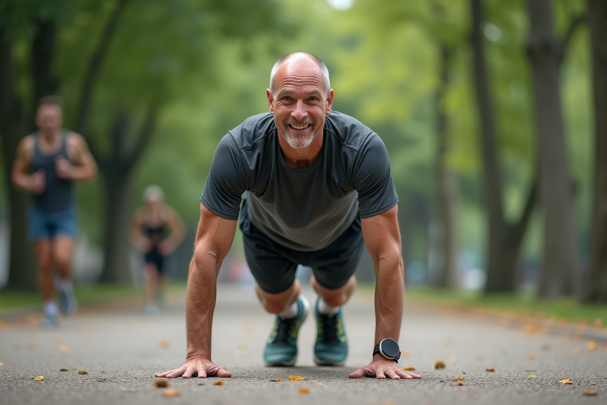 Homme faisant un burpee dans un parc urbain en extérieur