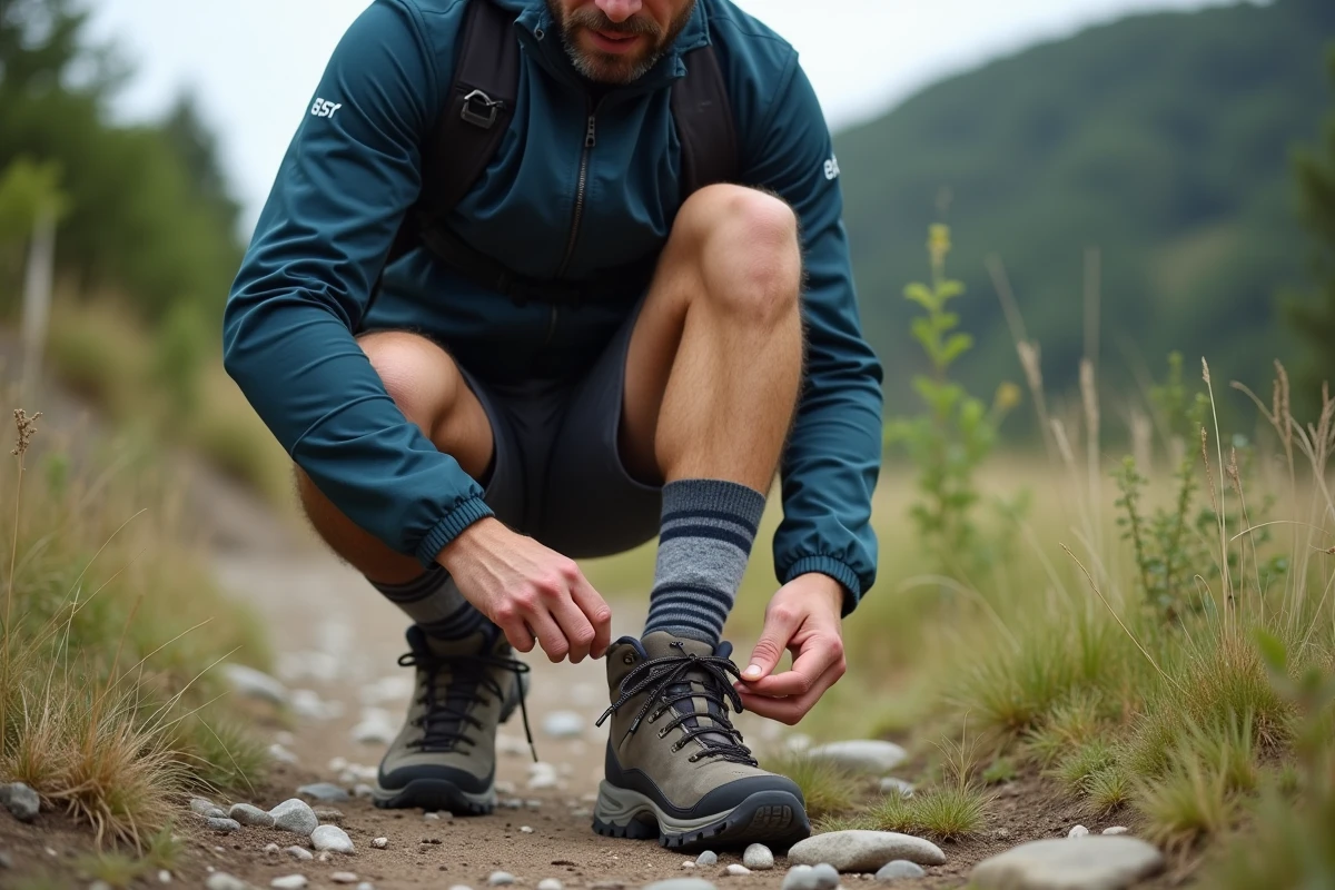 Homme en plein effort pour lacer ses bottes de randonnée en extérieur