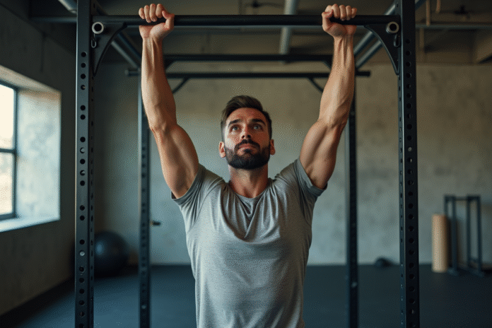 homme-fitness-trainement-pullup Homme en entraînement de musculation en salle