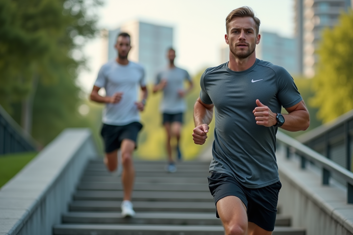 Homme en course dans un parc urbain avec escaliers