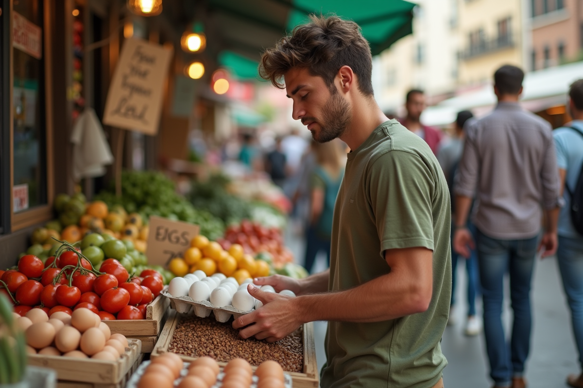 Homme achetant des aliments riches en protéines au marché