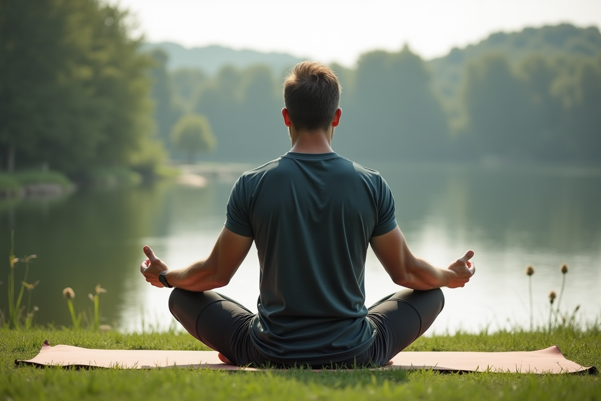 Homme méditant au bord d’un lac paisible en nature