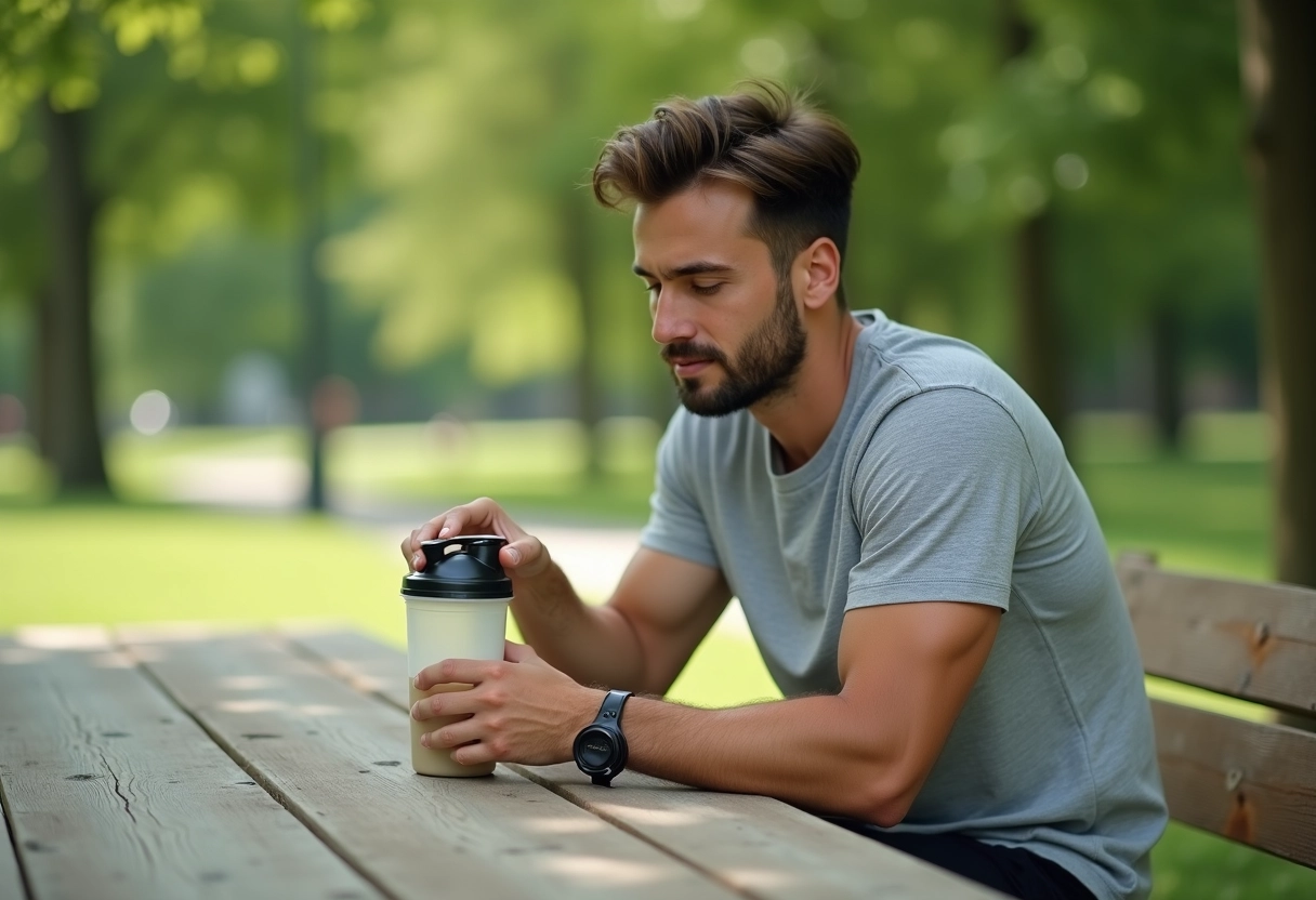 Homme préparant une boisson protéinée en extérieur