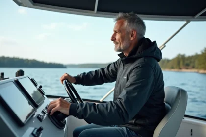 Homme d'âge moyen au volant d'un bateau moderne en mer
