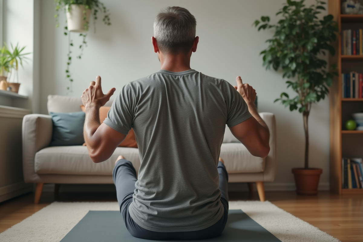 Homme mature réalisant un exercice de Pilates sur tapis dans un salon