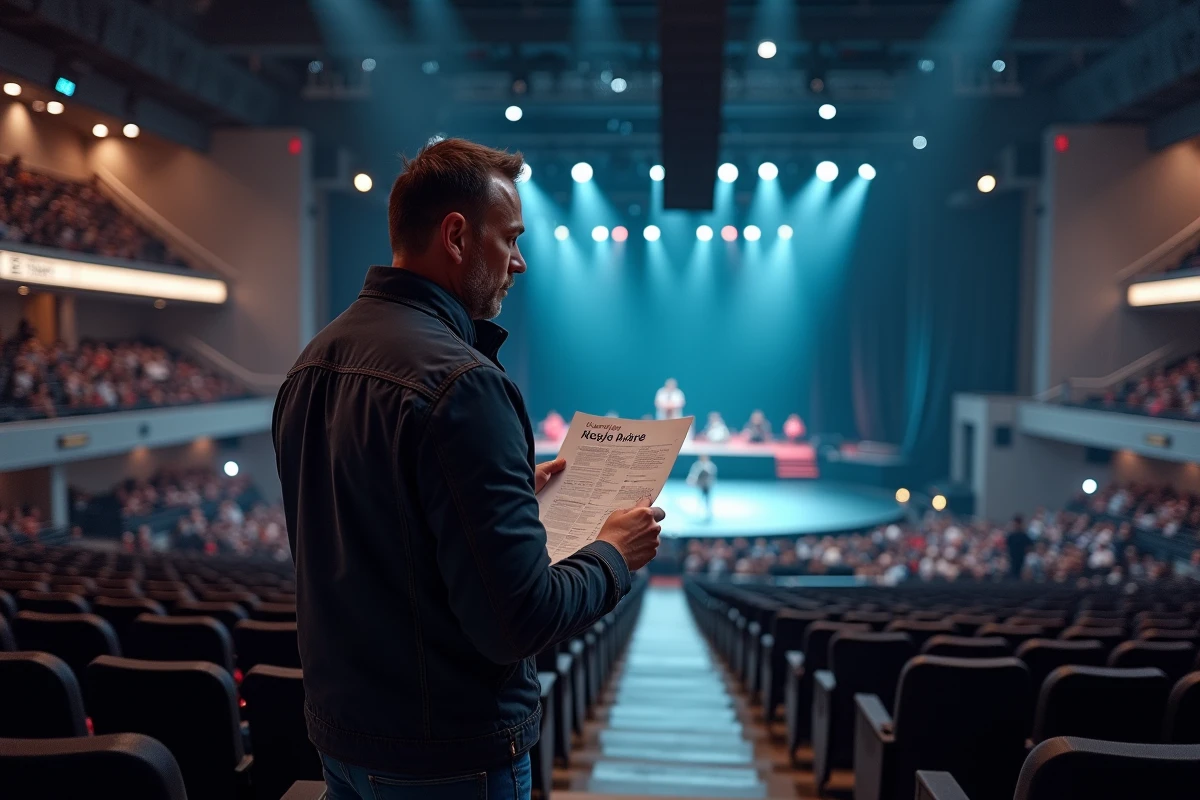 Homme consultant un plan de salle dans les travées de la Bercy Arena pour choisir les meilleures places acoustiques