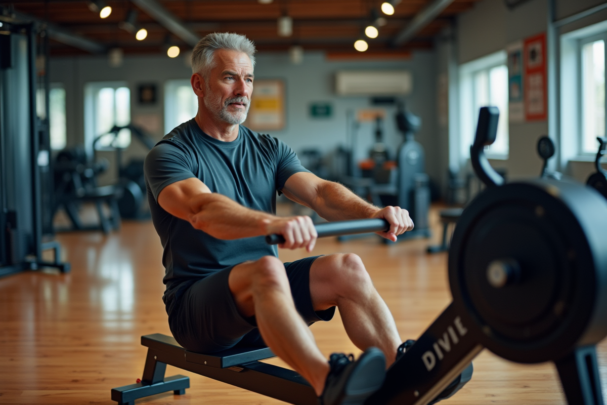 Homme en train de ramer dans une salle de sport moderne