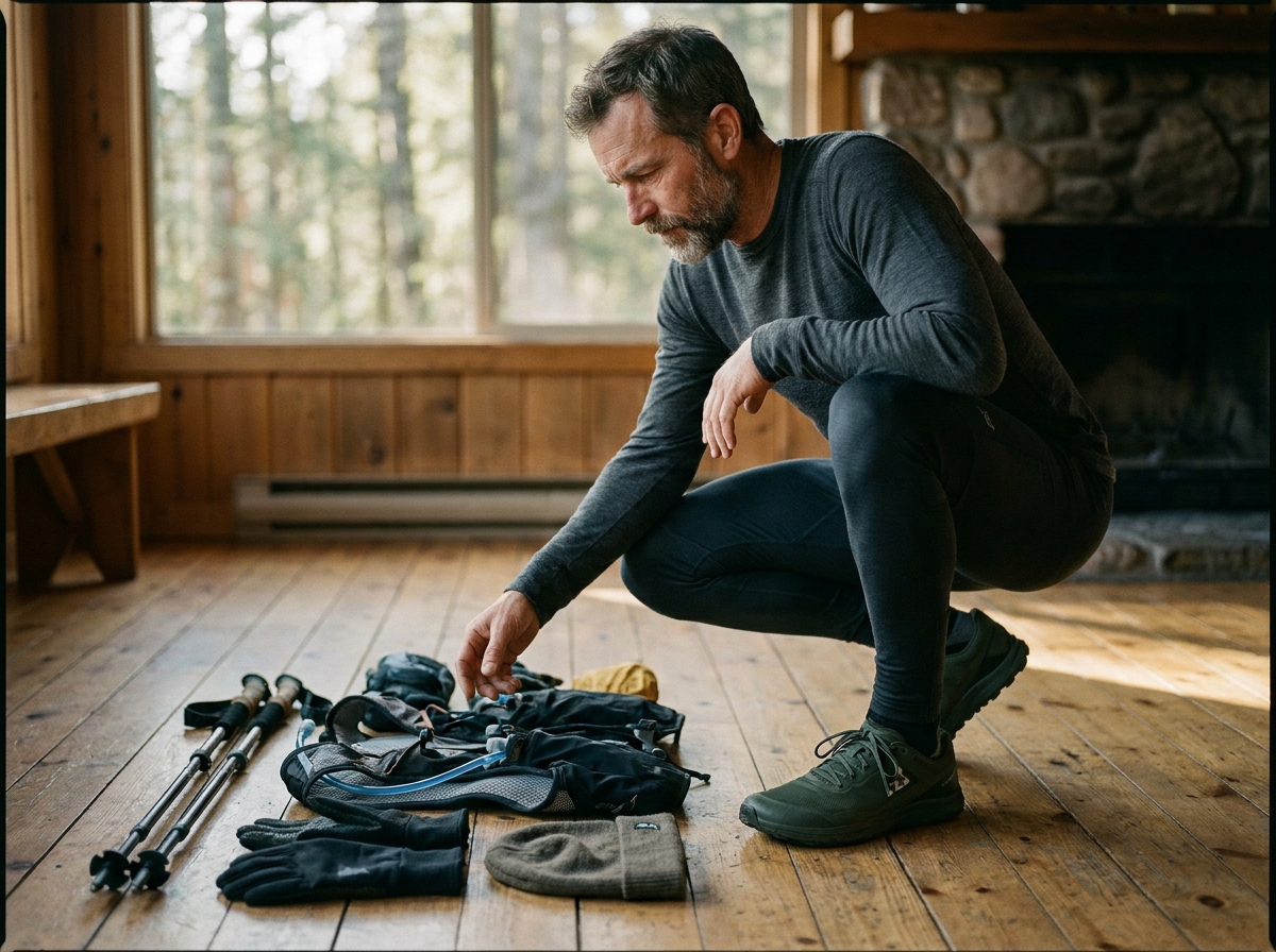 Homme inspectant son équipement de sport outdoor complet posé au sol d'un chalet en bois avant une sortie toutes saisons