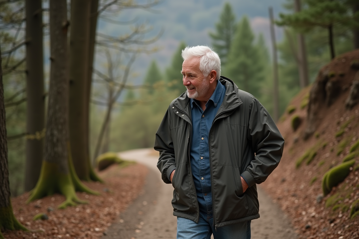Homme âgé en randonnée dans la forêt