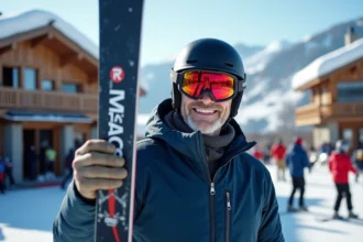 Homme souriant en ski à Les Menuires avec paysage enneige