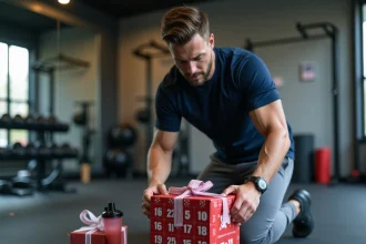 Homme sportif ouvrant un calendrier de l'Avent rempli d'accessoires de fitness dans une salle de sport à domicile