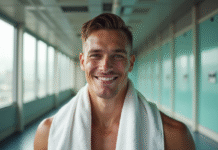 Jeune homme sportif souriant dans une salle de sport lumineuse