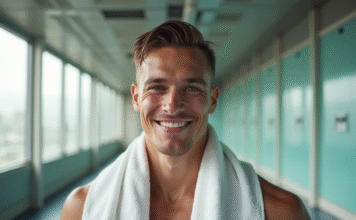 Douche après sport : l’importance de la propreté pour la récupération musculaire Jeune homme sportif souriant dans une salle de sport lumineuse