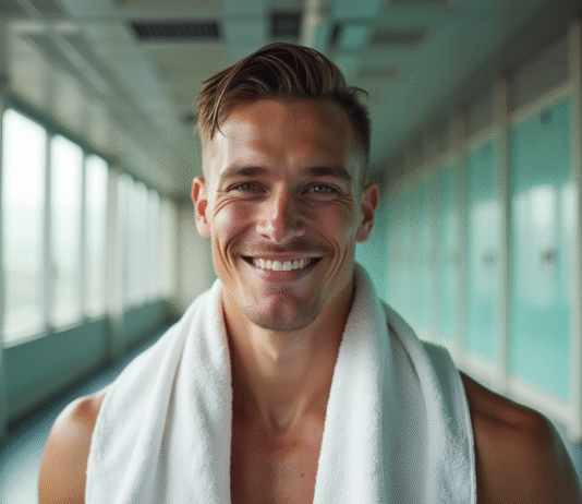 Jeune homme sportif souriant dans une salle de sport lumineuse