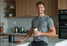 Jeune homme sportif avec shaker de proteine dans la cuisine