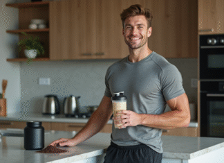 Prendre du muscle : quelle whey choisir pour optimiser sa croissance musculaire ? Jeune homme sportif avec shaker de proteine dans la cuisine