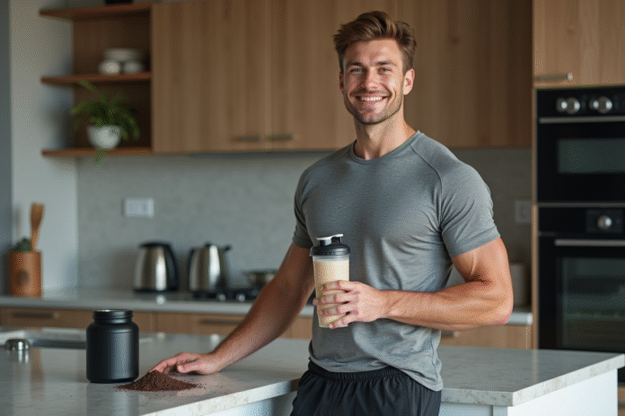 Jeune homme sportif avec shaker de proteine dans la cuisine