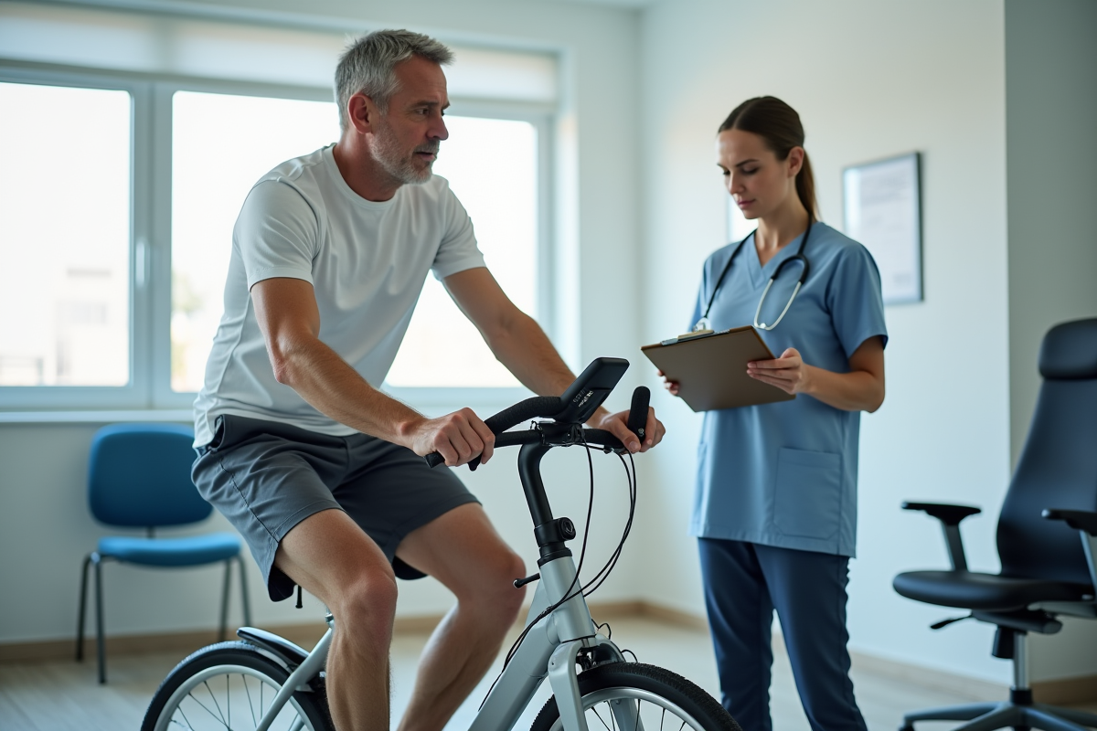 Homme en rééducation sur vélo avec physiothérapeute