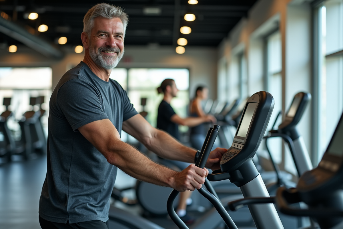 Homme d age ajustant l affichage d un velo elliptique en salle de sport