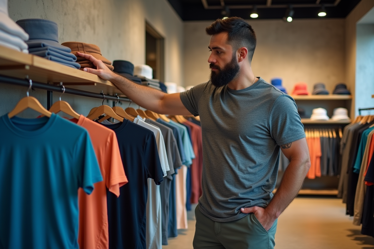 Homme examinant des t-shirts antisweat dans un magasin de sport