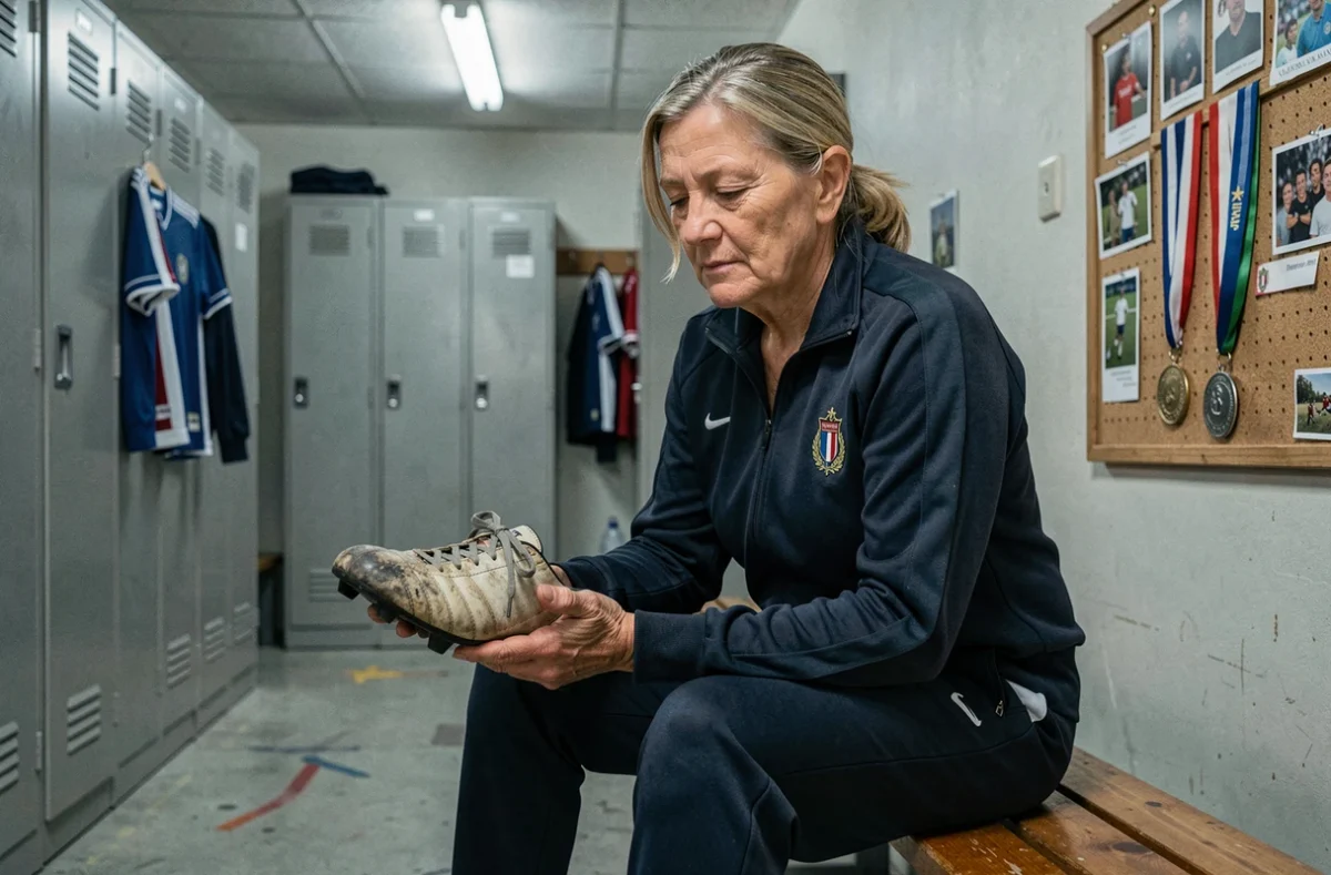 Ancienne joueuse de football féminin assise dans un vestiaire, tenant une chaussure de football usée avec une expression nostalgique et réfléchie, photographie documentaire sportive