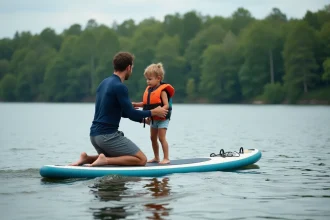 Père aidant son adolescent à tenir debout sur un stand-up paddle sur un lac calme entouré de forêt