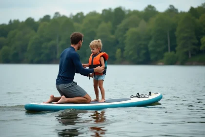 Père aidant son adolescent à tenir debout sur un stand-up paddle sur un lac calme entouré de forêt