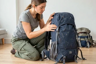 Femme inspectant les coutures et sangles d'un grand sac à dos 70L d'occasion posé sur un parquet en bois